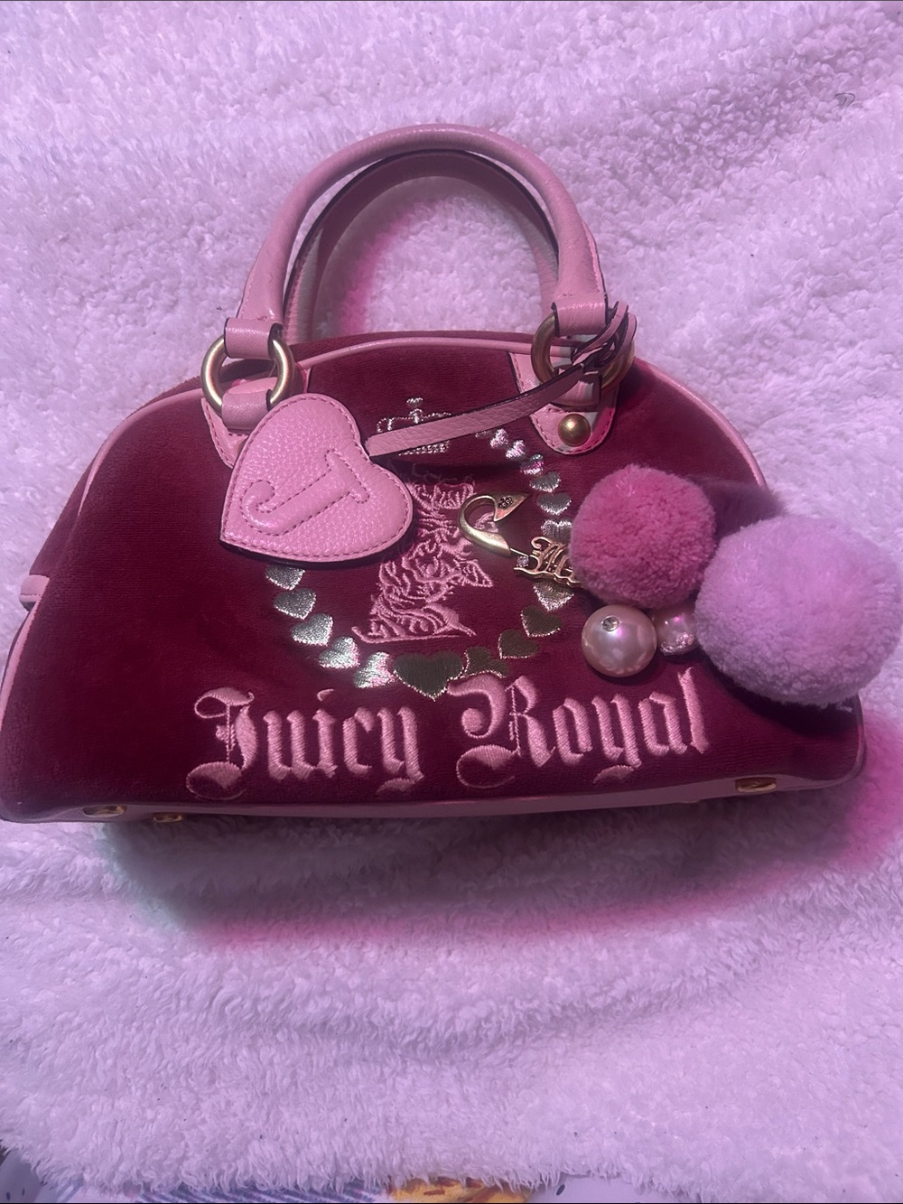Juicy Couture Pink Velvet Satchel with Pom-Pom Charms
